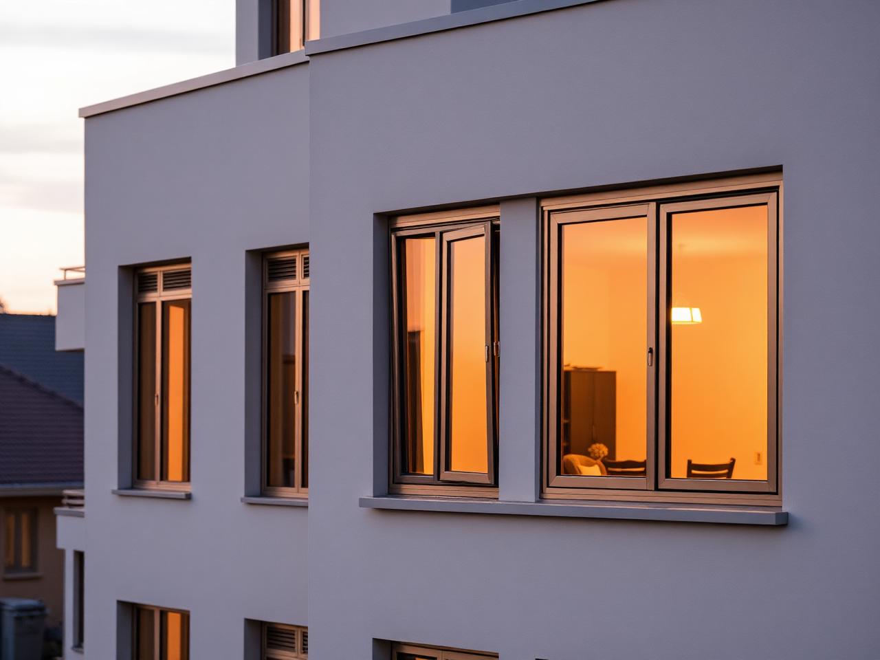 Bronze casement windows at dusk